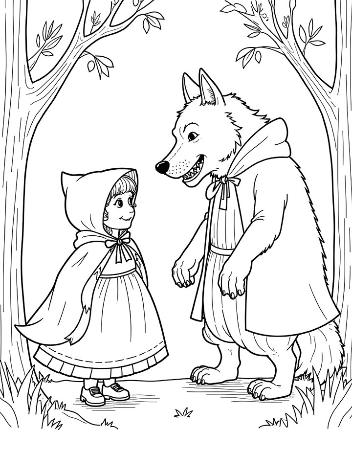 Little Red Riding Hood and the big bad wolf coloring page